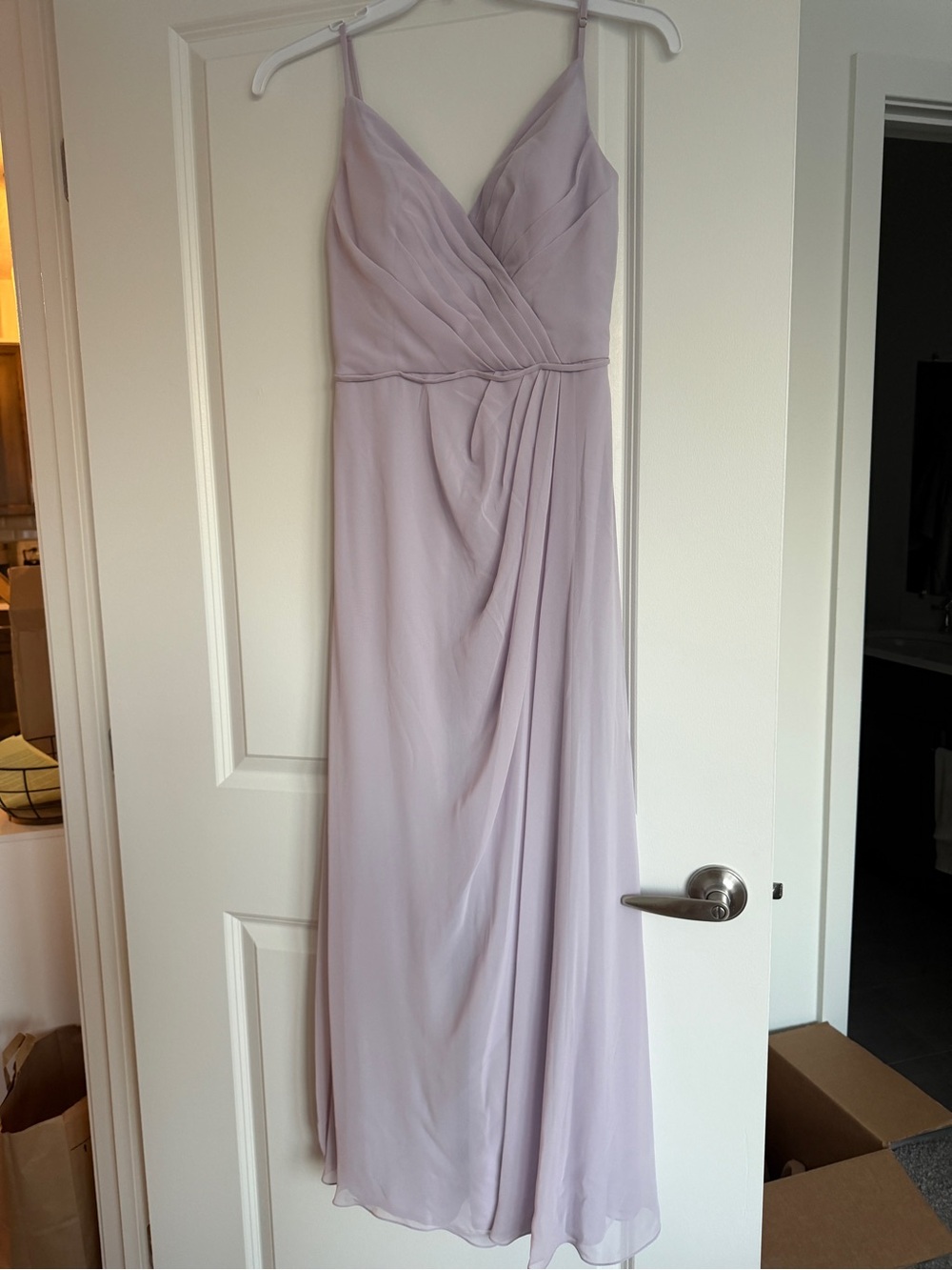 Elegant Lilac Maxi Dress with Draped Front and Spaghetti Straps